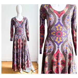 Vintage Psychedelic Print Muted Colours Long Sleeve A line Maxi Dress S